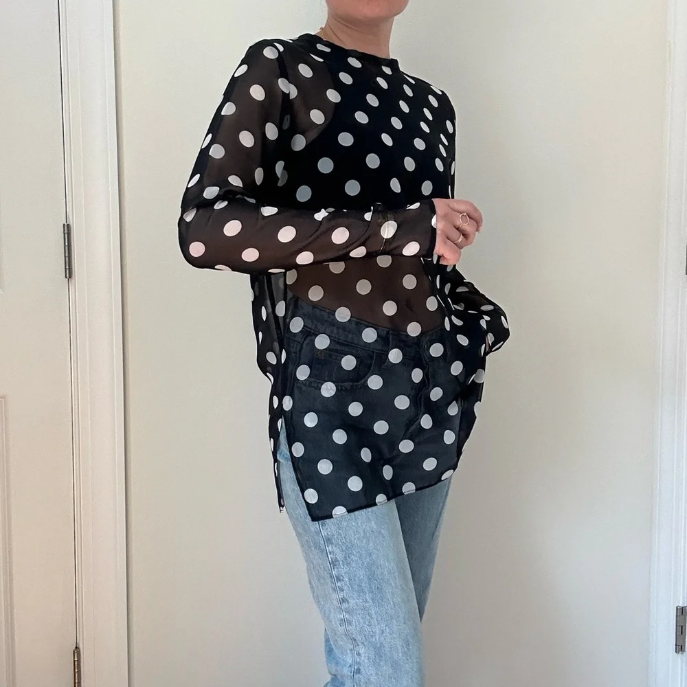 Custom Made Poly Chiffon Polka Dot Sheer Blouse /Hot Polka Dot Trend - Picture 2 of 8